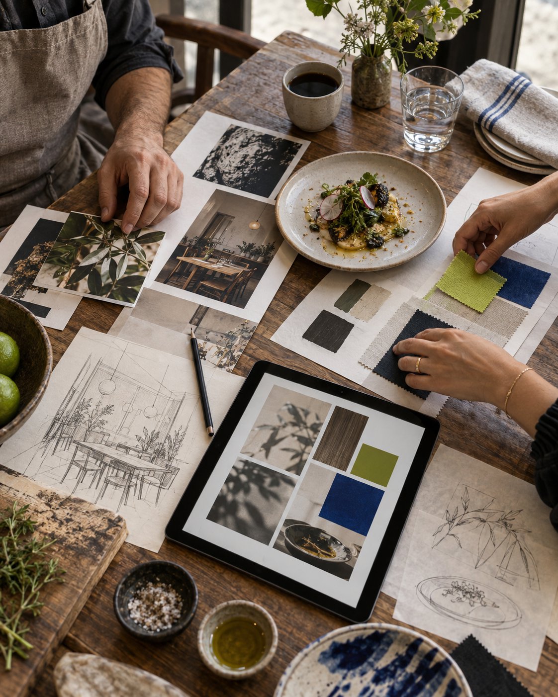 Equipo creativo organiza referencias de marca, fotografías y muestras de color
